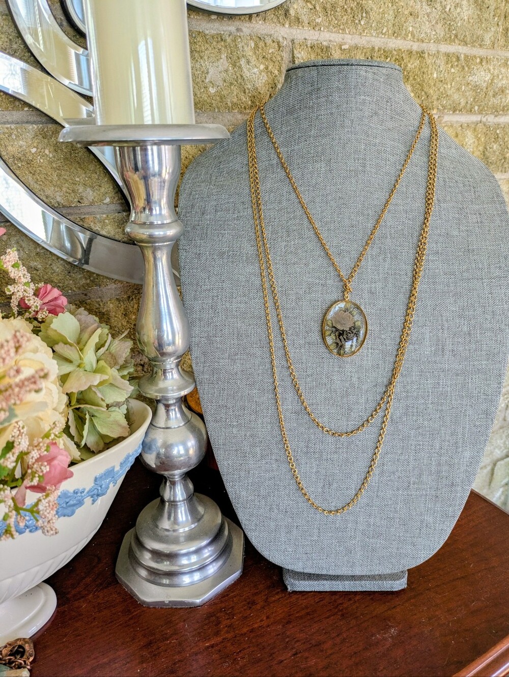 Vintage Layered Victorian Revival Necklace with Glass Floral Pendant